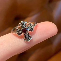 Vintage Gothic Red Crystal Cross Ring
