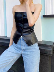 PU Leather Strapless Bustier Crop Top
