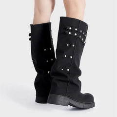 Vintage Rivet Belt Buckle Gothic Knee-High Boot