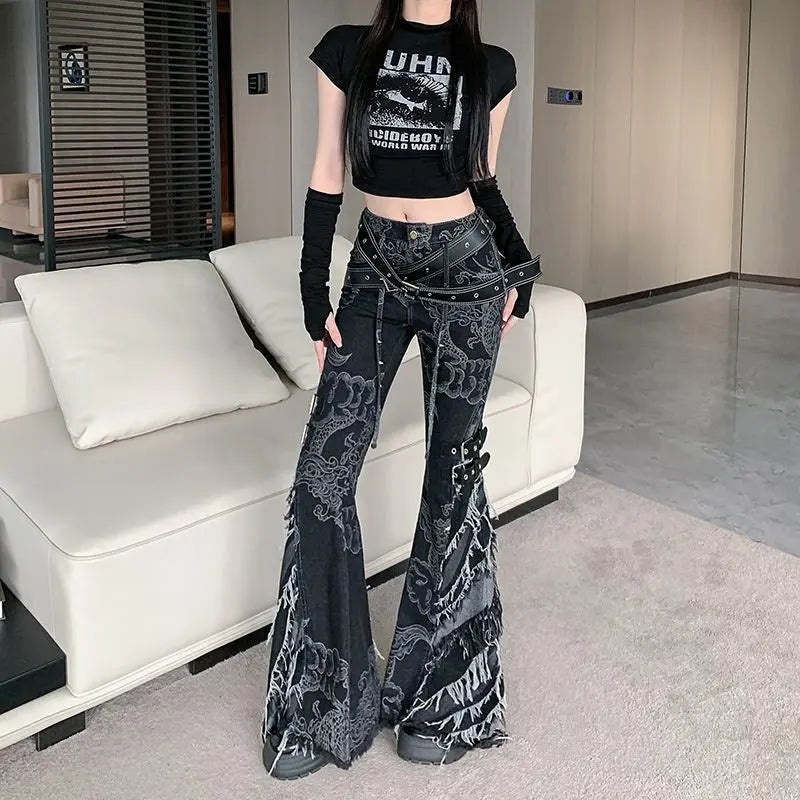 Punk Gothic Black Print Flare Pant Main image