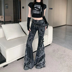 Punk Gothic Black Print Flare Pant