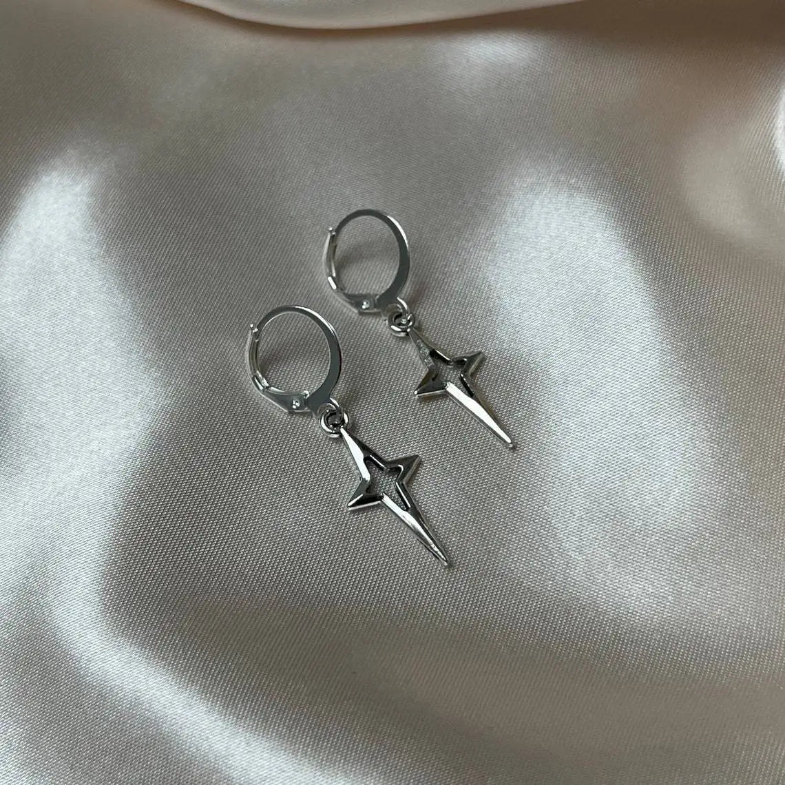 Punk Star Cross Silver Hollow Heart Earring