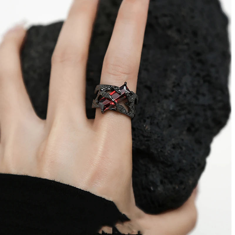 Punk Thorns Vine Red Rhinestones Gothic Ring Main image