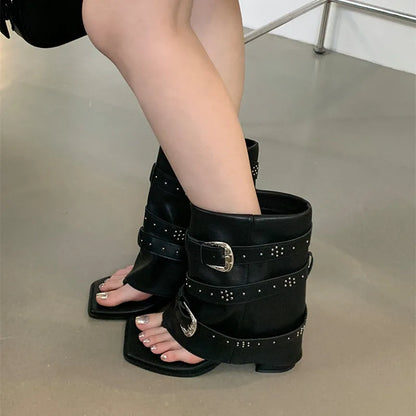 Gothic Wedge Ankle Boot with Metal Buckle