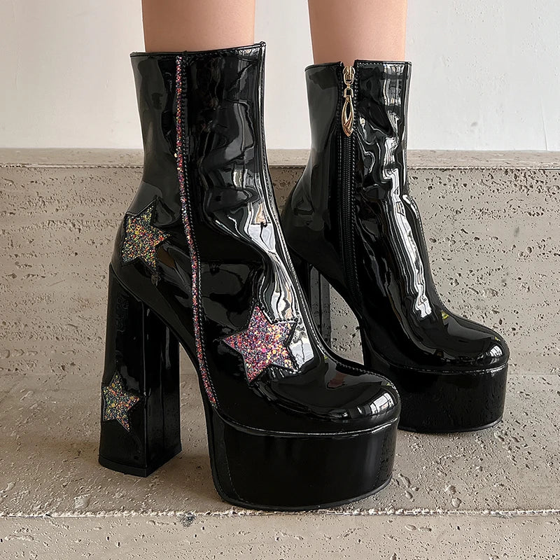 Patent Leather Sequin Platform Gothic Zipper Short Boot Main image