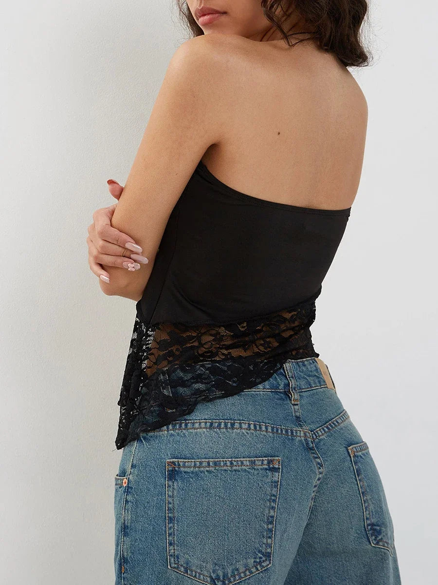Skinny Off Shoulder Lace Floral Bandeau Crop Top
