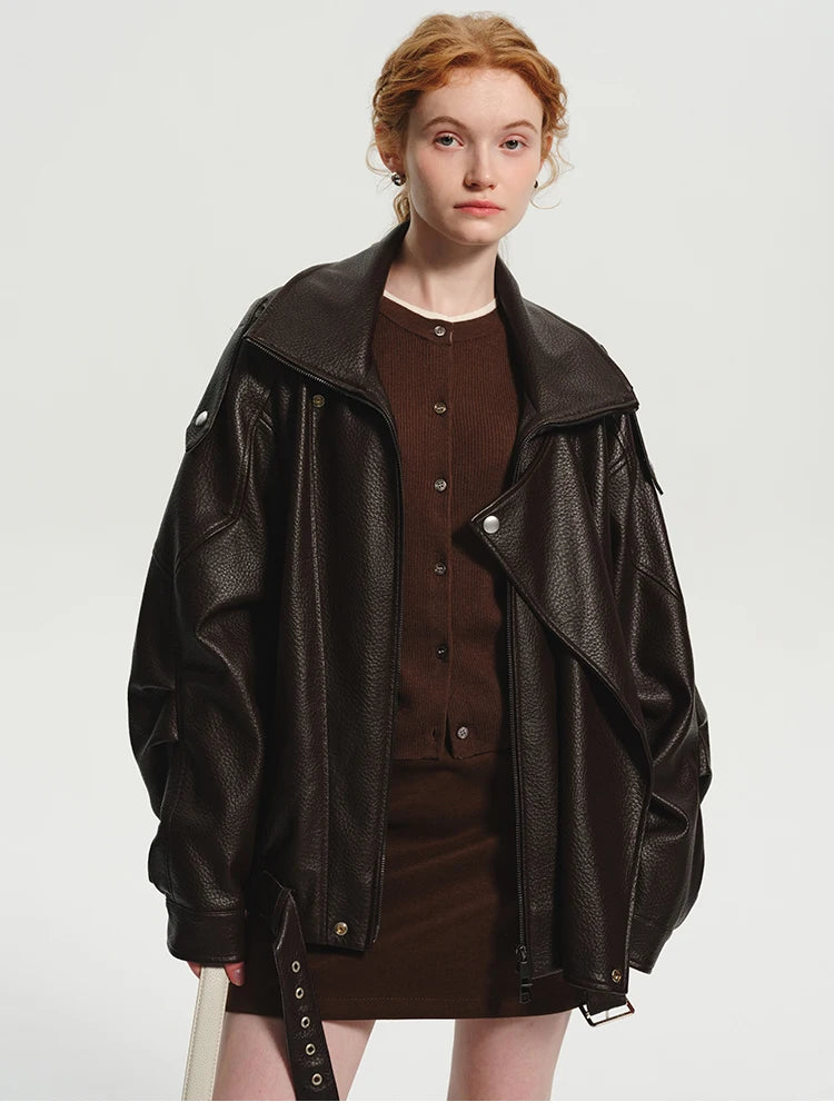 Long Sleeve Brown Leather Jacket