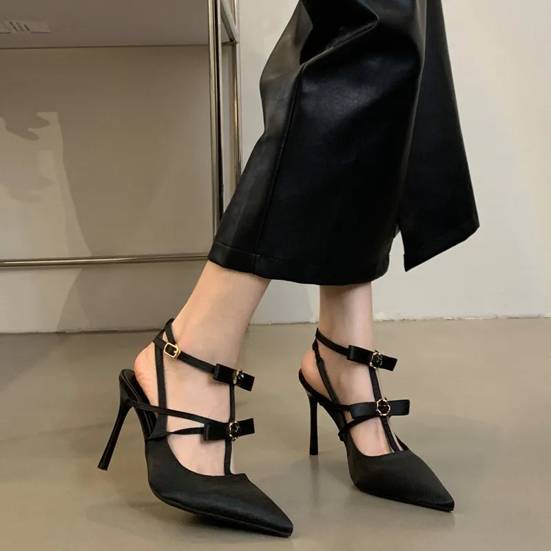 Satin Bowknot Gothic Mary Janes Pointed Toe High Heel