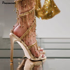 Rhinestone Gothic Golden Crystal Gladiator Sandals High Heel
