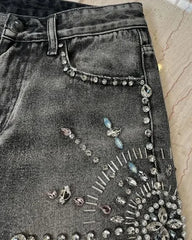 Rhinestone Raw Edge Denim Short