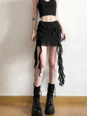 Mesh Patchwork Ruffled Mini Skirt