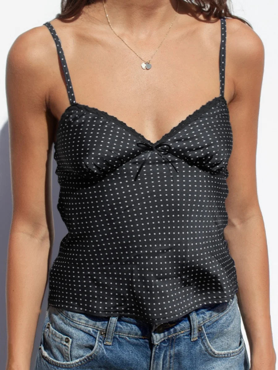 Retro Dots Print Lace Trim V Neck Crop Top Main image