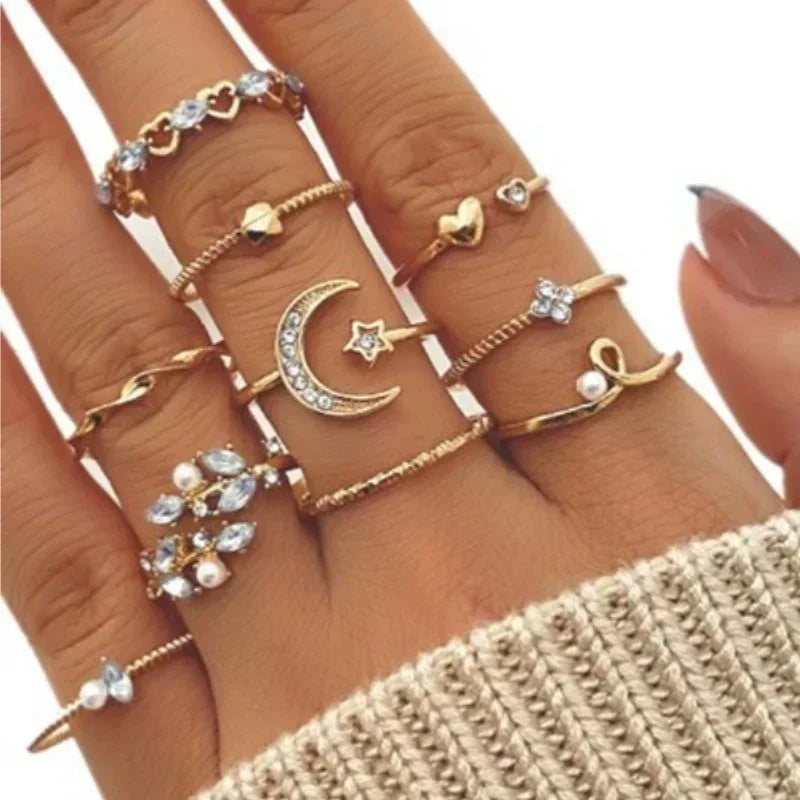 Boho Gold Heart Geometric Gothic Pearl Ring