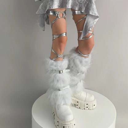 Gothic Cross Strap Fur Rabbit Sock