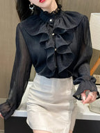 Ruffled Flare Sleeve Mesh Blouse