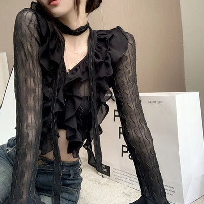Sheer V-neck Flared Sleeve Blouse