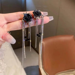 Black Flower Tassel Zircon Ear Cuff Earring