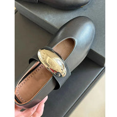 Round Toe Flat Bottomed Mary Jane Leather Oversized Buckle Flat