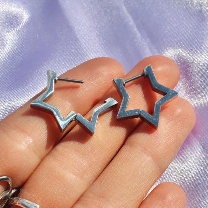 Punk Star Cross Silver Hollow Heart Earring