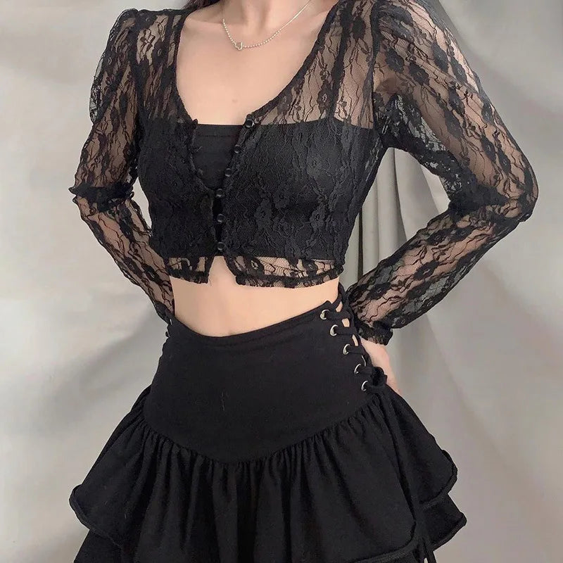 Long Sleeve Cropped Mesh Top Main image