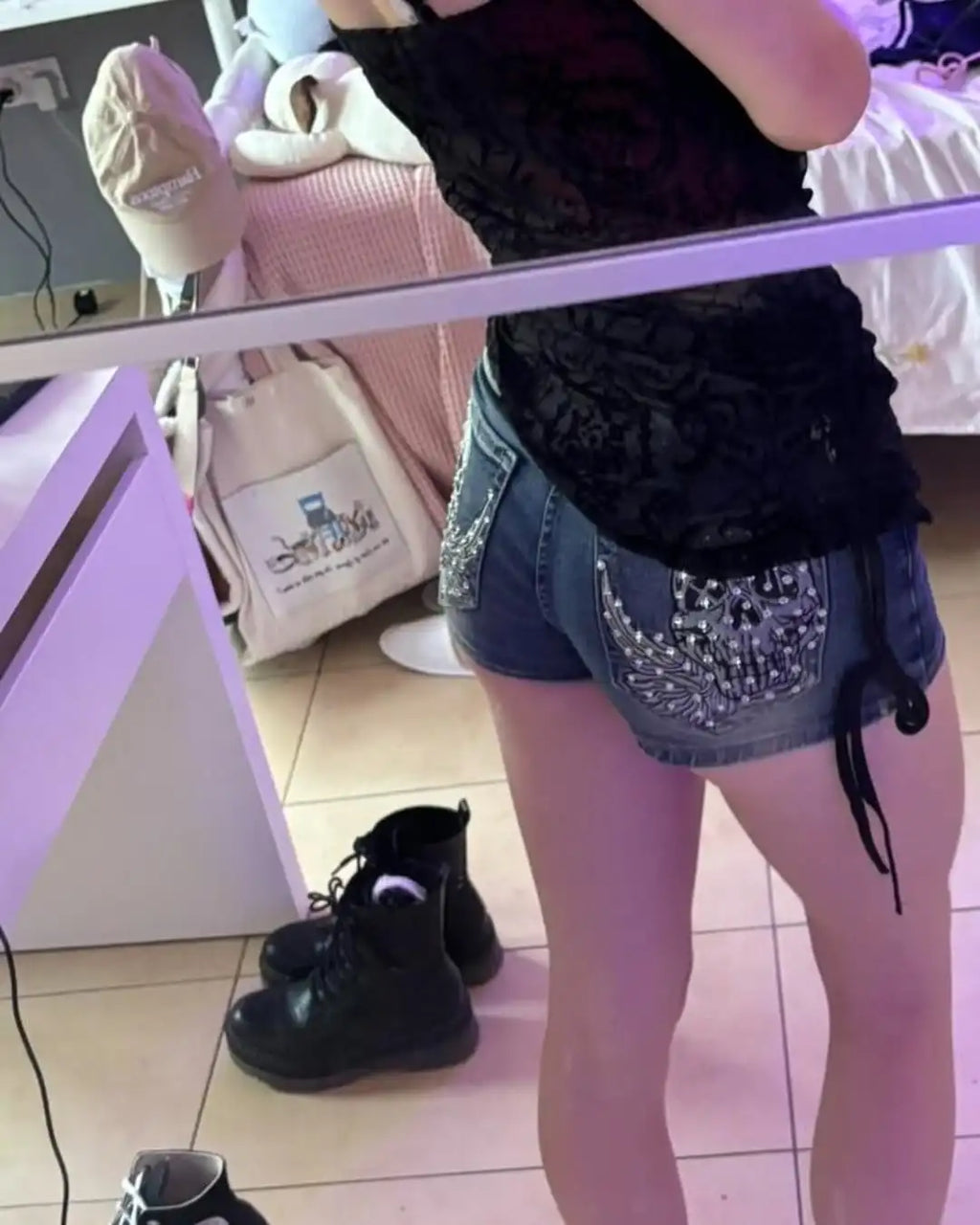 Rhinestone Skull Denim Short