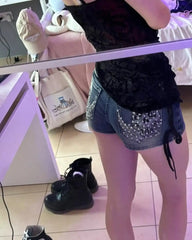 Rhinestone Skull Denim Short