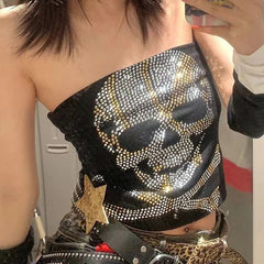 Punk Rhinestone Sleeveless Cotton T-shirt