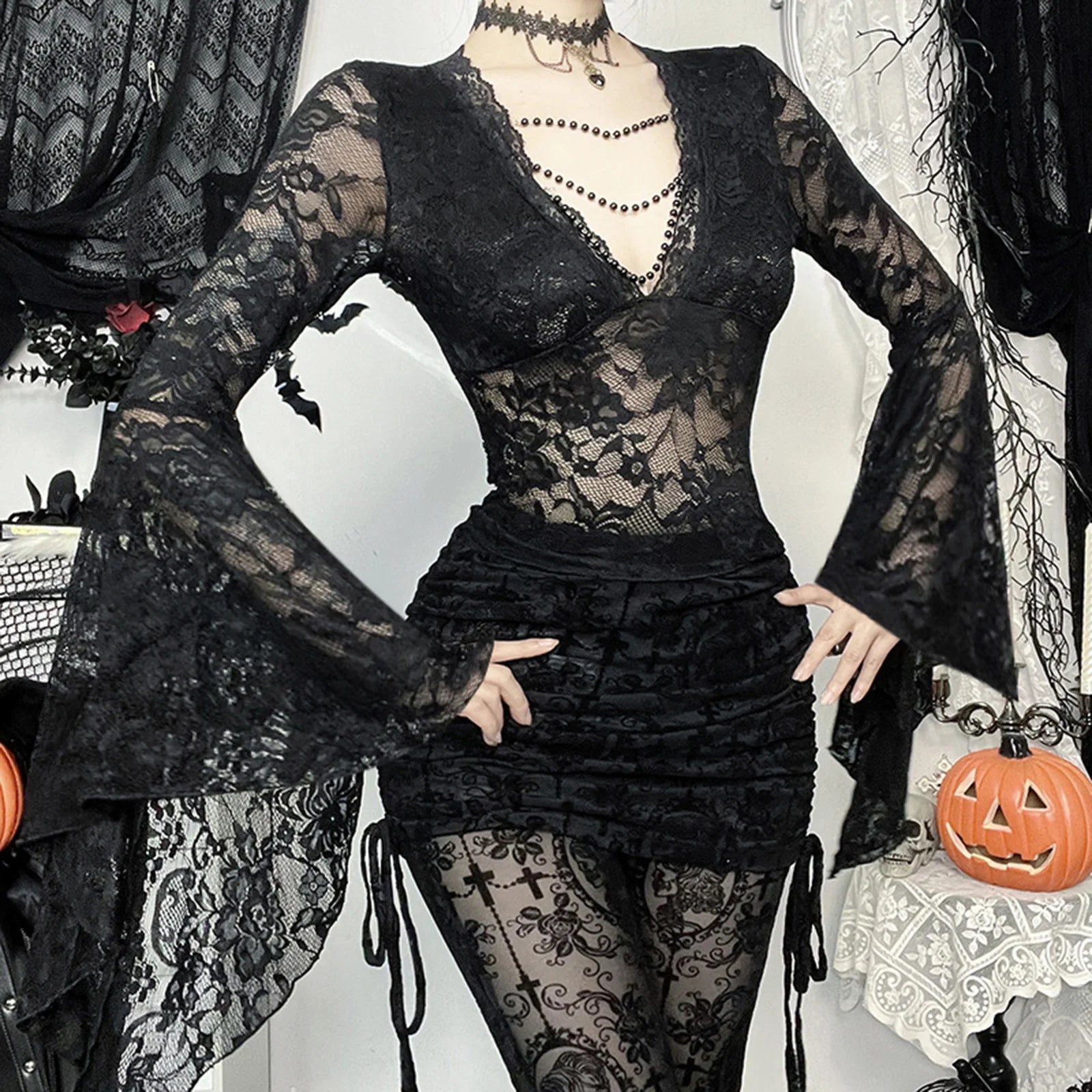 Lace Flare Sleeve Mesh Top