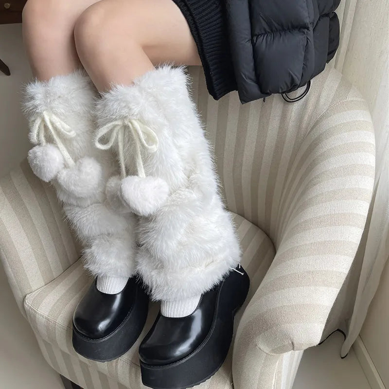 Gothic White Bow Rabbit Fur Winter Sock