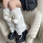 Gothic White Bow Rabbit Fur Winter Sock