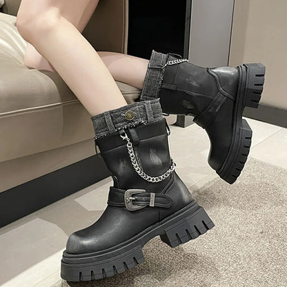 Platform Fold Knee High Gothic Belt Buckle Boot