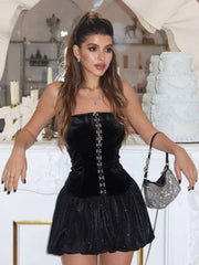 Single-Breasted Patchwork Velvet Puffy Hem Crop Top