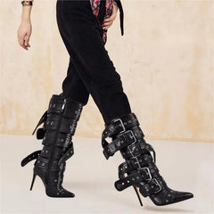 Pointed Toe Mid-Calf Buckle Stiletto Boot