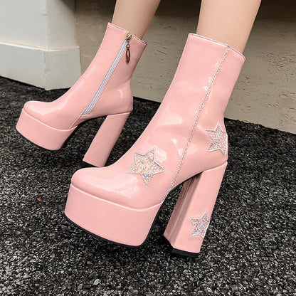 Patent Leather Sequin Platform Gothic Zipper Short Boot