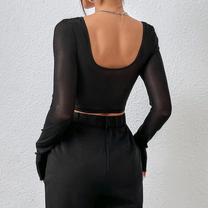 V Neck Long Sleeve Mesh Crop Top