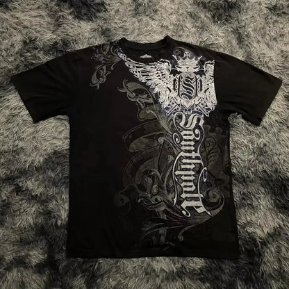 Grunge Wings Print Cotton T-shirt