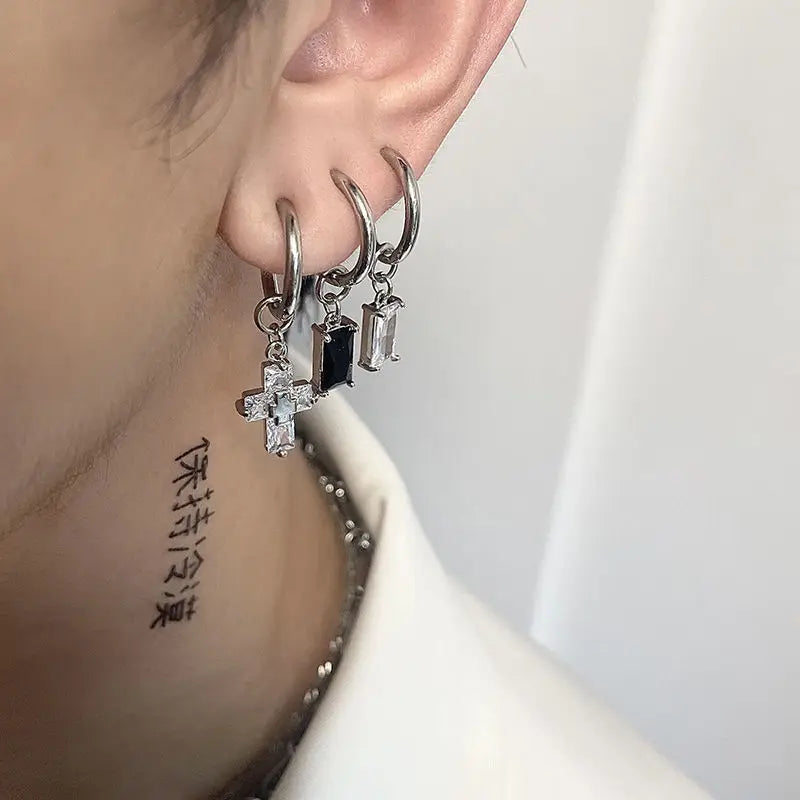 Cubic Zirconia Cross Hoop Dangle Earring