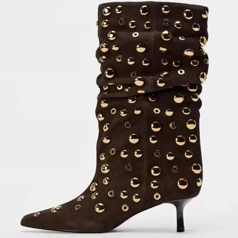 Sexy Rivet Pleated High Heel Pointed Gothic Boot