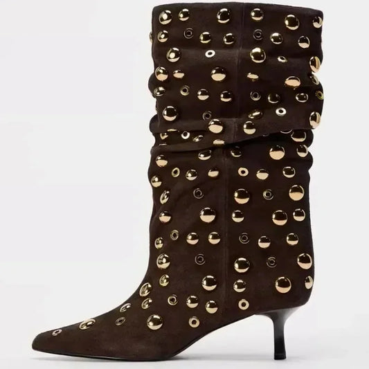Sexy Rivet Pleated High Heel Pointed Gothic Boot