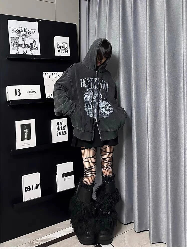 Distressed Skull Print Coat