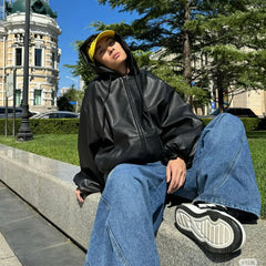 Black PU Loose Fit Hooded Jacket