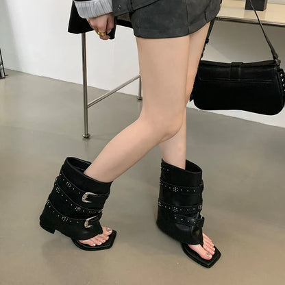 Gothic Wedge Ankle Boot with Metal Buckle