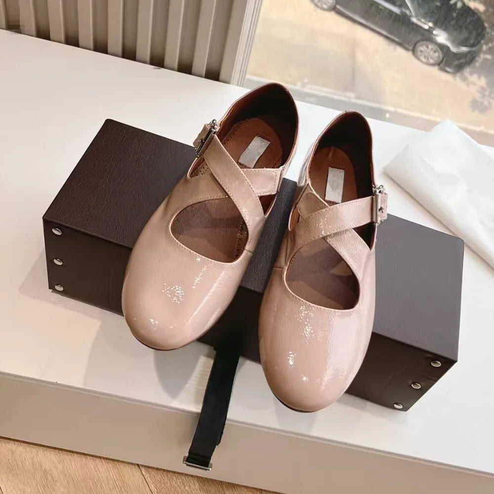 Small Niche Round Toe Cross Silver Mary Jane Flat