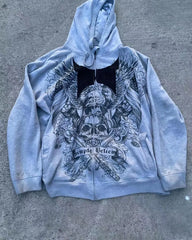 Gothic Skull Print Grey Zip Hoodie