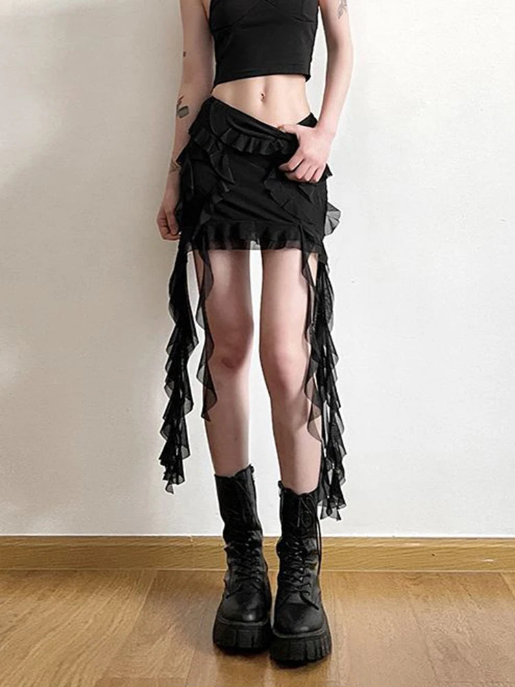 Mesh Patchwork Ruffled Mini Skirt