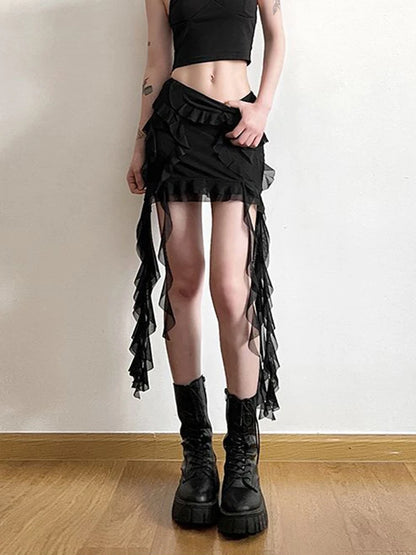 Mesh Patchwork Ruffled Mini Skirt