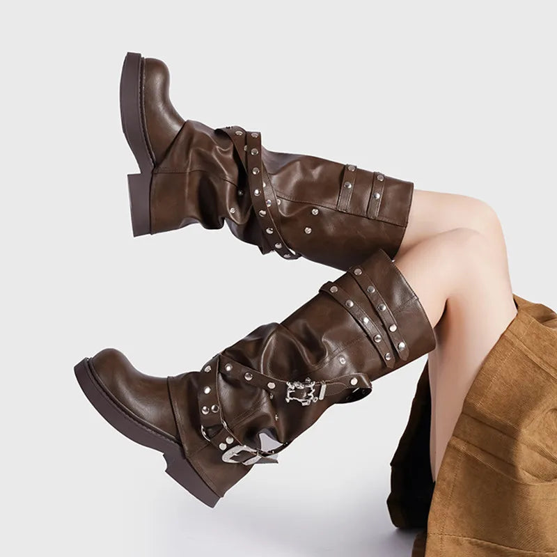 Vintage Rivet Belt Buckle Gothic Knee-High Boot Main image