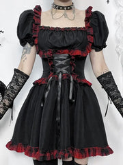 Red Plaid High Waist Bandage Corset Gothic Mini Dress