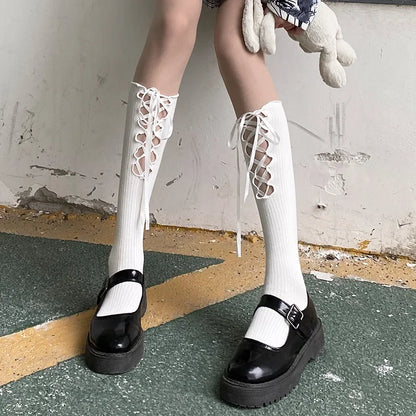 Gothic Black Calf Straps Hollow Sock