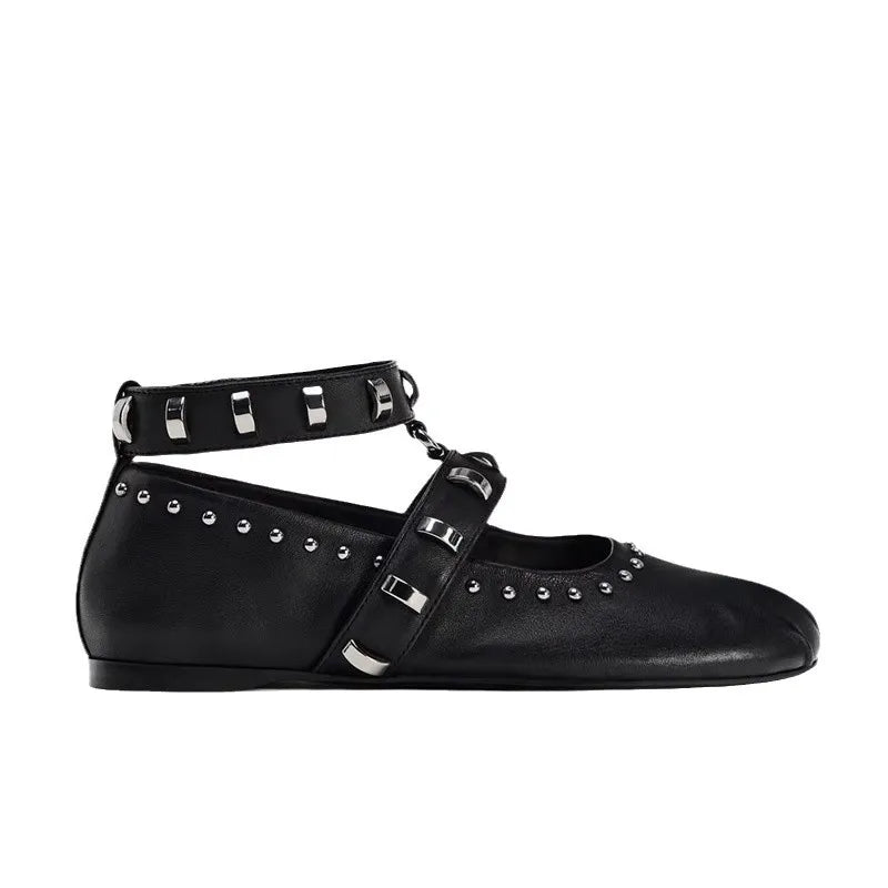 Genuine Leather Mary Jane Square Toe Snap Ballet Flat